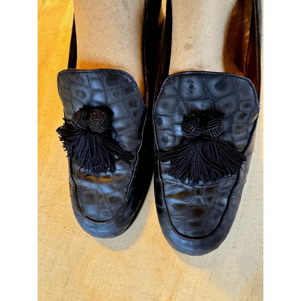 Stuart Weitzman Loafer Shoes Womens 6.5M Black Leather Heel Croc Embossed Tassel - Picture 8 of 10